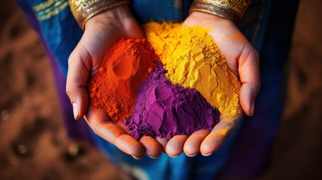 Two hands holding Holi color powder, Holi 2024, India Hindu festival celebrating Radha and Krishna