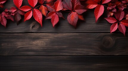 Autumn Background, A Top View of Vibrant Red Leaves on a Dark Wooden Background - Creating a Seasonal Canvas with Copy Space for Autumnal Creativity, Fall Background

