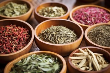 assorted tea leaves ready for brewing in wooden bowls