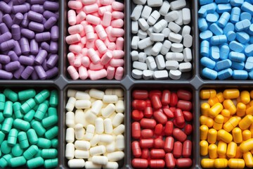 a tray of sorted supplement pills in different colors