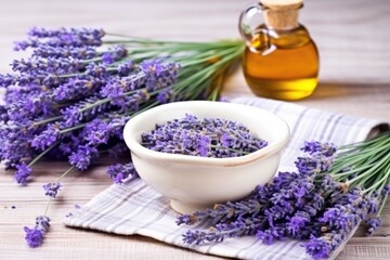 Obraz na płótnie Canvas lavender bunch next to a ceramic bowl filled with dried lavender for tea