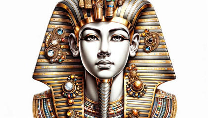 A detailed drawing of King Tut, emphasizing his youthful visage, golden mask, and intricately decorated attire.
