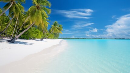 A tropical beach with white sands and turquoise waters