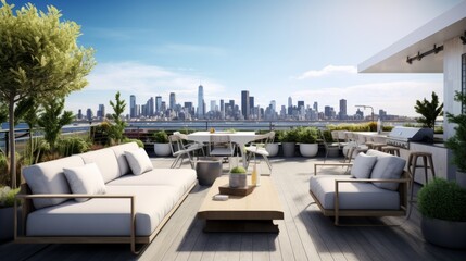 A trendy rooftop terrace with city views for a stylish backdrop