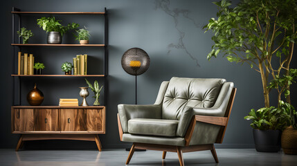 Wooden shelf unit and gray armchair. Scandinavian style interior design of modern living room
