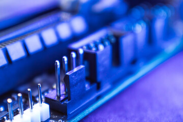 Socket pins on motherboard close-up of modern desktop PC. Computer hardware chipset components...