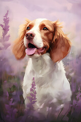 Brittany dog in a lavender field