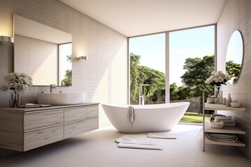 Fototapeta na wymiar Cuarto de baño con bañera de diseño, casa moderna, diseño de interiores vanguardista