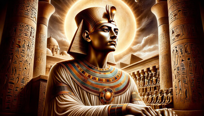 Historical portrait of Pharaoh Akhenaten in a contemplative pose, with the sun disc of Aten shining brightly above him. His attire is richly decorated with symbols of the sun god, and his countenance 