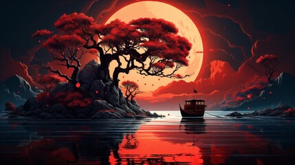 A vessel with a tree within the dusk