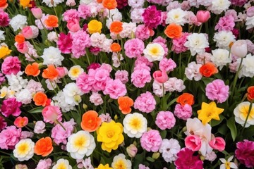 top-view of a flowerbed of tulips in various colors