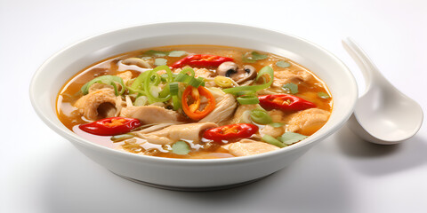 Tasty Chinese ramen with chicken and vegetables, in a white bowl on white background