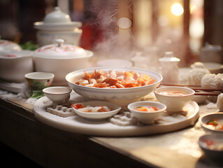 Delicious fresh hot cooked asian food on a table, blurred background