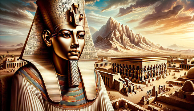 A landscape depiction showcasing Seti I in his royal attire, with the Temple of Seti in Abydos prominently featured in the background