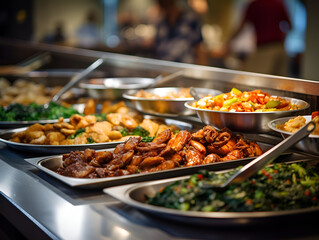 Delicious fresh cooked asian food at a buffet, blurred background