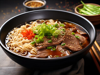 Tasty ramen soup with beef and vegetables, blurred table background