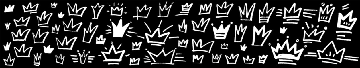 Vector graffiti crown set. Rough scribble textured street art grungy brush stroke king icons. Kid hip hop queen illustration. Monochrome grunge graphic childish banner background. Isolated tag drawing