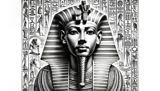 Detailed drawing of Amenhotep III, capturing his regal visage adorned with traditional pharaonic jewelry. He wears the Nemes headdress with the iconic uraeus cobra. Surrounding him are hieroglyphic in