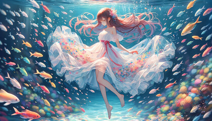 Landscape illustration in anime style art of a beautiful girl gracefully swimming underwater. Her long hair flows behind her like a silken stream, catching the dappled sunlight filtering through the w