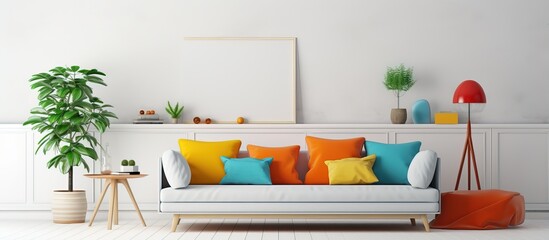 Scandinavian illustration of a white living room featuring a colorful sofa