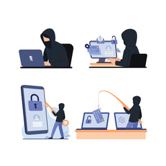 Set of hacker and cyber criminal stealing confidential data with laptop computer illustration concept © Freshcare