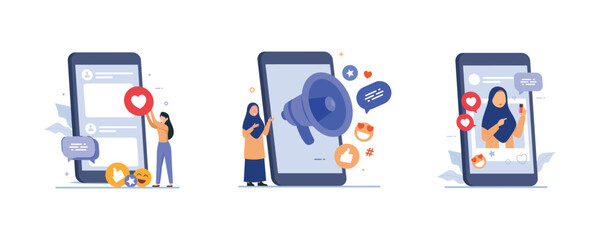 Social media communication concept showing people bringing likes and reaction on posts