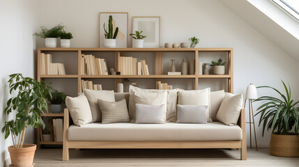 Fototapeta na wymiar Wooden sofa with beige cushions against shelving unit. Scandinavian interior design of modern stylish living room in attic