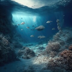 Obraz premium Underwater world, marine life, corals. Clean sea water with fish