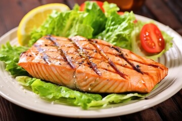 grilled salmon steak on a bed of fresh lettuce