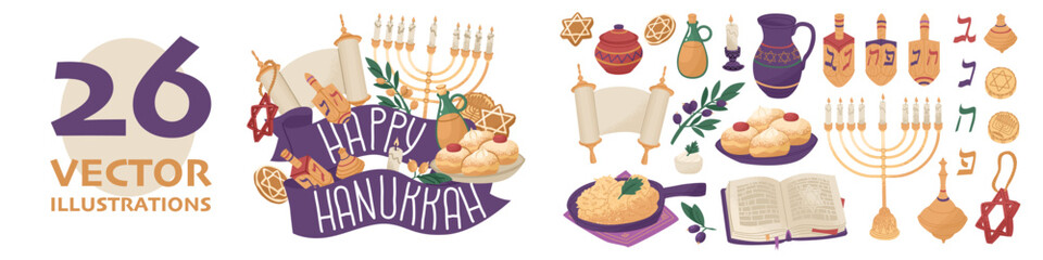 Large set on the theme Celebration of the traditional Jewish holiday Hanukkah. Family values and religious rituals. Vector illustration isolated on white background.