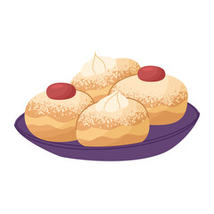 Buns fried in oil. Celebrating the traditional Jewish holiday Hanukkah. Family values and religious rituals. Vector illustration isolated on white background.