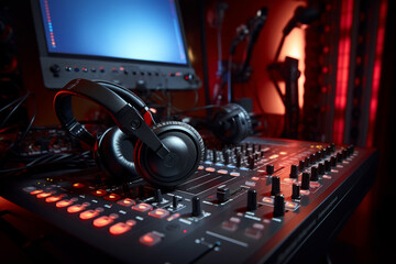 Headphones, mixer and sound engineering equipment in a recording studio for music production closeup, DJ, control and creative with audio technology from above to produce for radio broadcasting