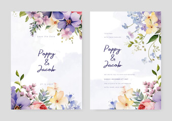 Colorful colourful frangipani wedding invitation card template with flower and floral watercolor texture vector