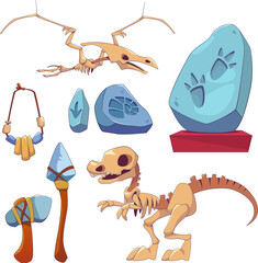 Historical archaeological museum elements set. Cartoon vector illustrations of dinosaur skeletons, footprints of prehistoric animals and ammonites in stone, tools and jewelry of ancient people. © klyaksun
