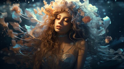 Youthful lady on vessel at nightfall. The young lady incorporates a bloom wreath on her head, unwinding and seiling on stream. Fantasy art photography. Concept of female excellence, rest