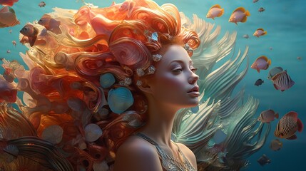 Wonderful redhead lady as mermaid with mammoth seashell