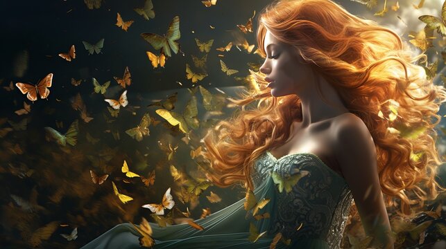 Youthful magnificence lady ruler ruddy hair runs dim strange timberland woman long exquisite illustrious emerald dress flying prepare spring tree grass dusk craftsmanship photo uncovered