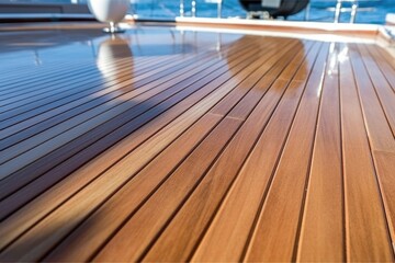 close-up of a yachts polished teak deck under construction