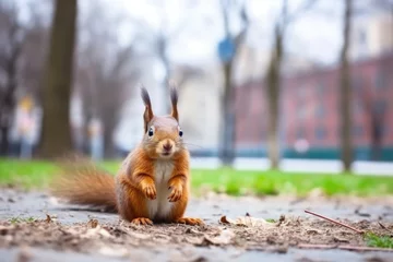 Keuken spatwand met foto a squirrel eating a nut in a city park © altitudevisual