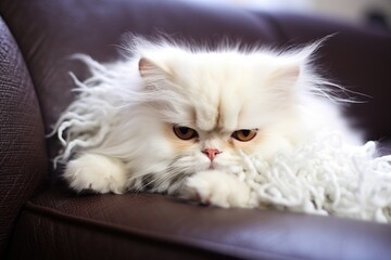 a white persian cat grooming its fur on a couch