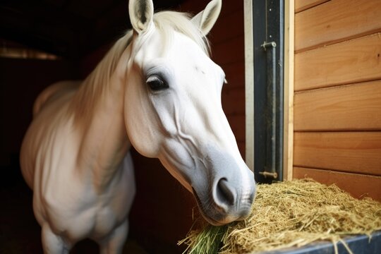 a white horse eating hay in a stable