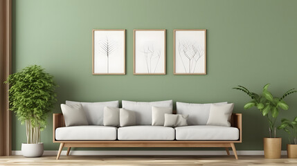 Wooden sofa with white cushions near green wall with art poster frame. Scandinavian interior design of modern stylish living room