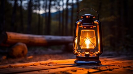 A camping lantern casting a warm glow at night - obrazy, fototapety, plakaty