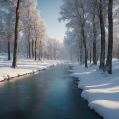 3d snowy landscape with winter trees