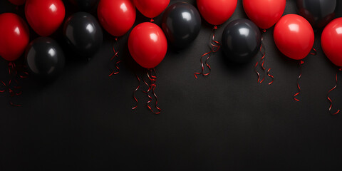 background for black friday. red and black balloons on a black background. sale. AI generated