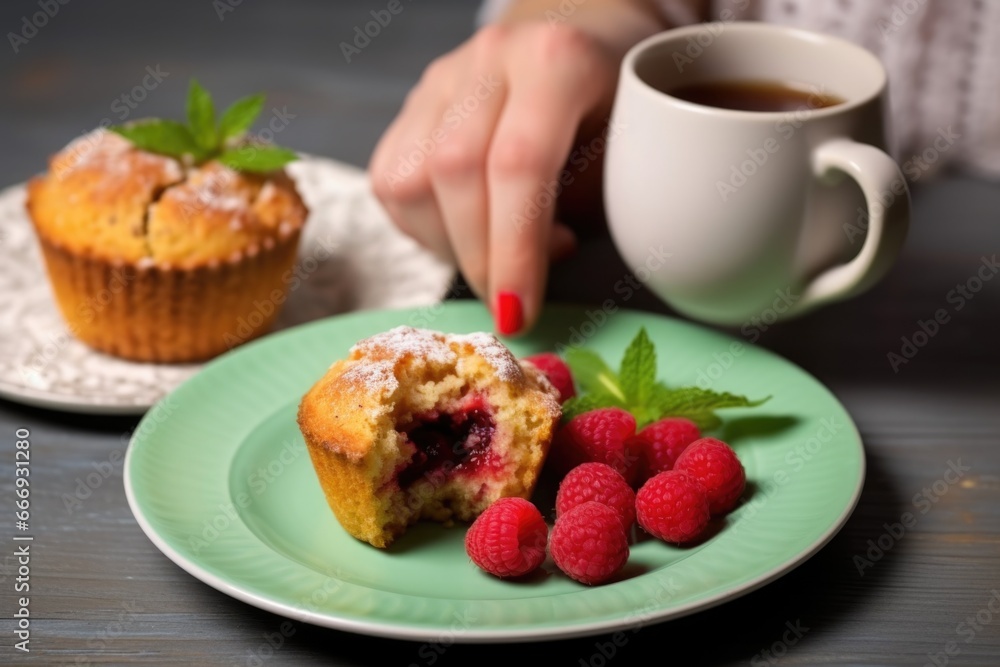 Poster hand serving a plate with a raspberry muffin and a cup of tea