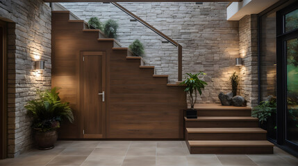 Wooden staircase and stone cladding wall in rustic hallway. Cozy home interior design of modern entrance hall with door - obrazy, fototapety, plakaty