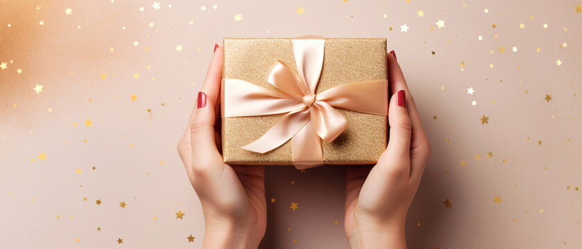 First person top view photo of female hands tying gold ribbon bow on craft paper Christmas gift box with copy space on pink background. Generative ai