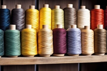 spools of raw linen thread arranged on a shelf