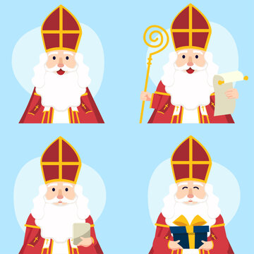 Set Saint Nicholas or Sinterklaas cartoon winter characte
